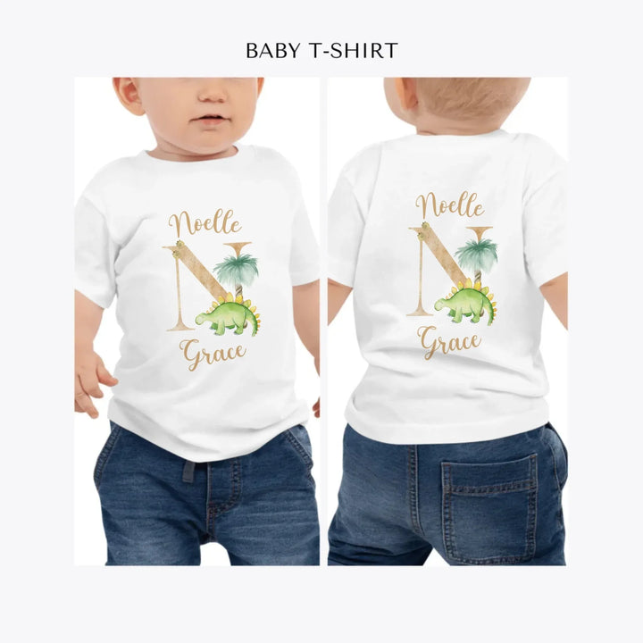Watercolor-Dinosaur-Letter-personalized-baby-t-shirt-artfulane