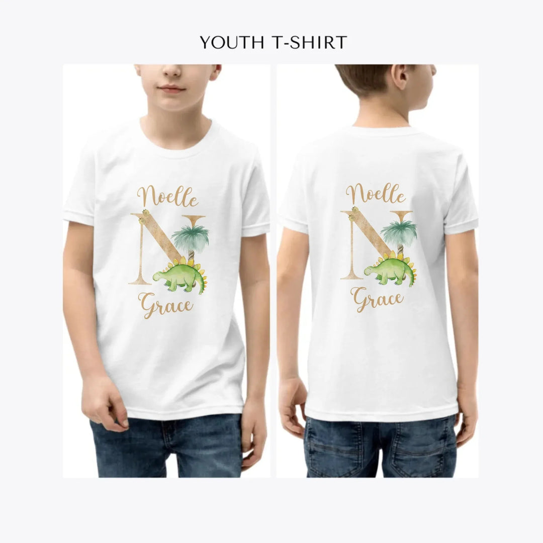 Watercolor-Dinosaur-Letter-custom-youth-boy-t-shirt-artfulane