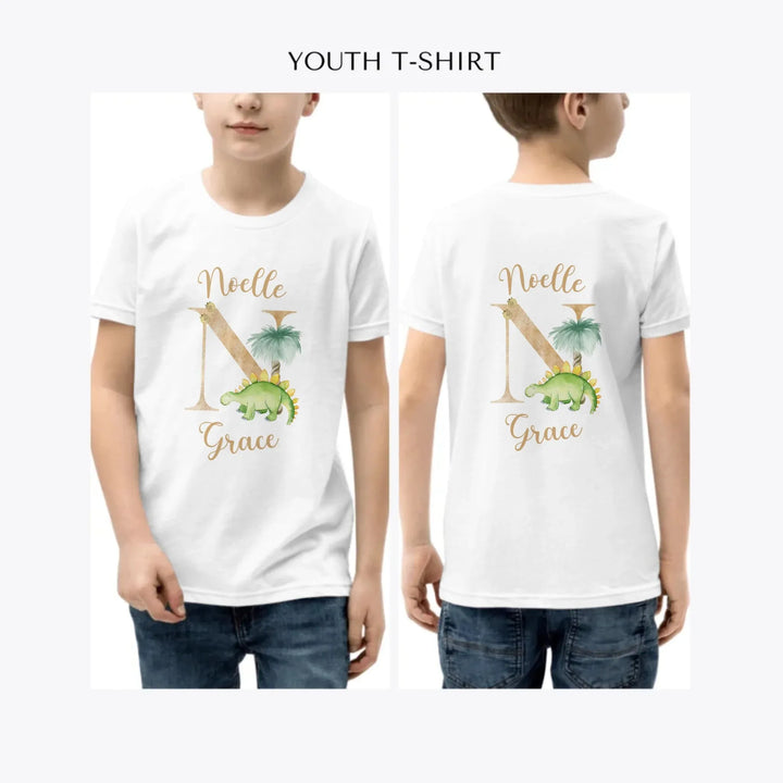Watercolor-Dinosaur-Letter-custom-youth-boy-t-shirt-artfulane