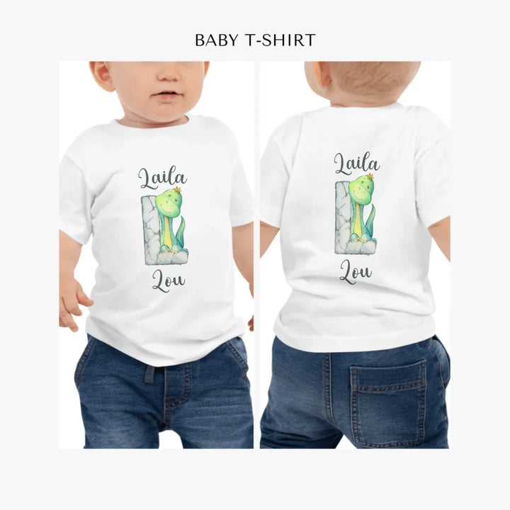 Watercolor-Dinosaur-Stone-Initial-personalized-baby-t-shirt-artfulane