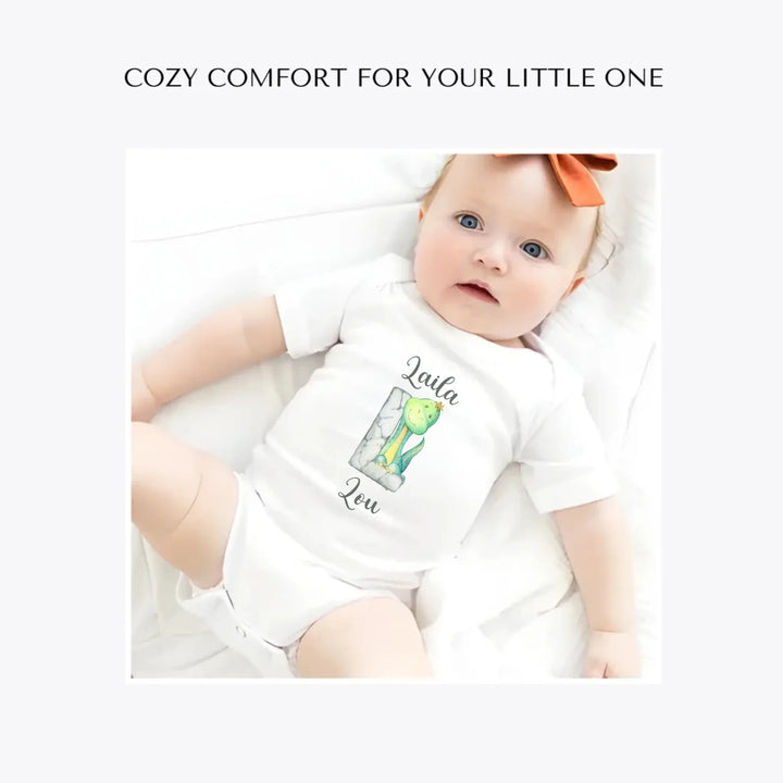 Watercolor-Dinosaur-Stone-Initial-custom-baby-bodysuit-artfulane
