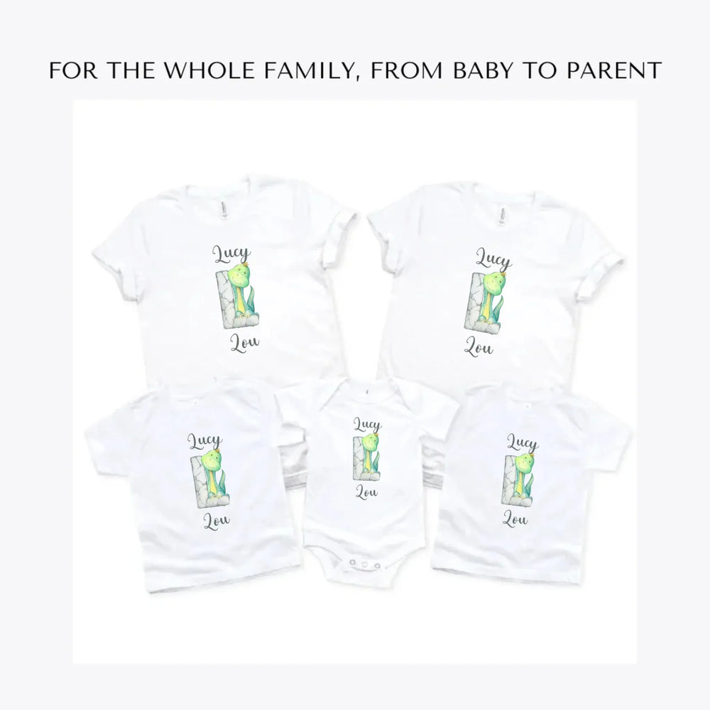 Watercolor-Dinosaur-Stone-Initial-custom-t-shirts-adult-youth-toddler-baby-sizes-artfulane