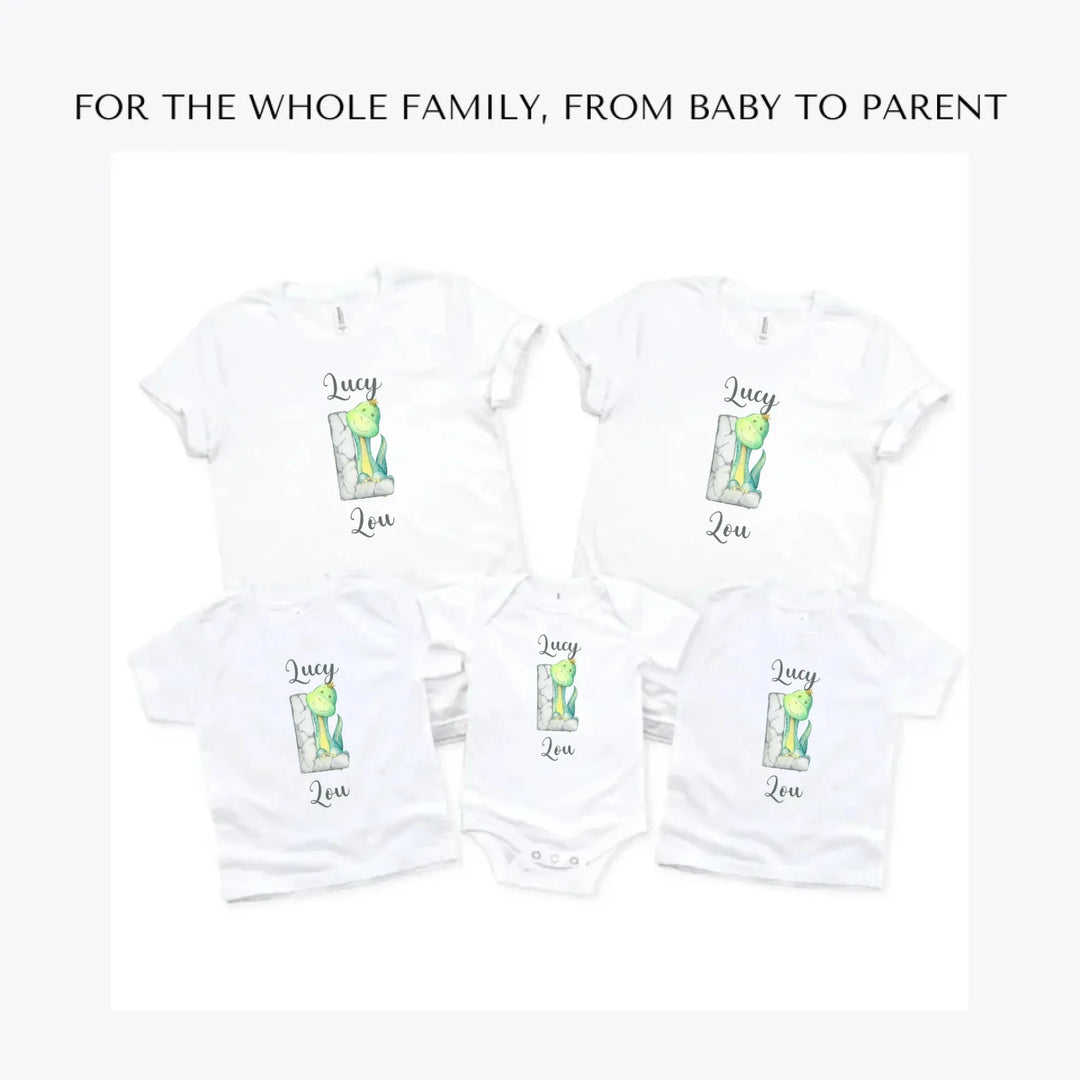 Watercolor-Dinosaur-Stone-Initial-custom-t-shirts-adult-youth-toddler-baby-sizes-artfulane