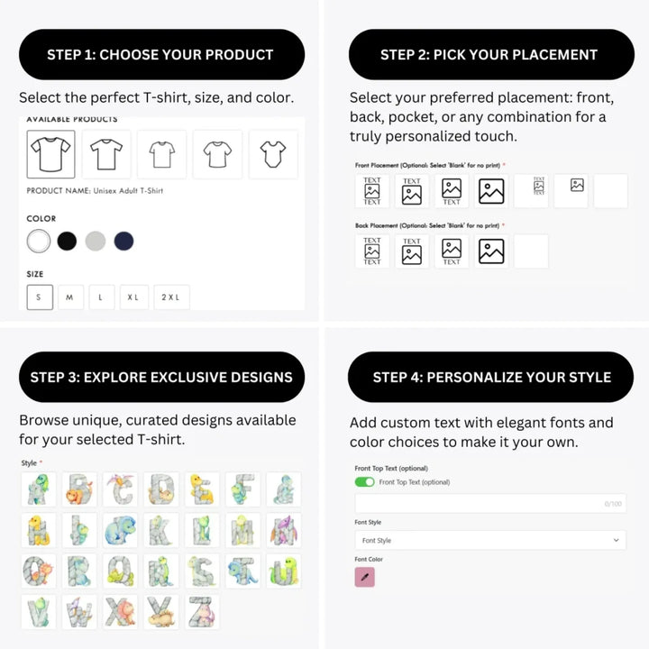 how-to-design-custom-Watercolor-Dinosaur-Stone-Initial-t-shirt-personalization-options-artfulane