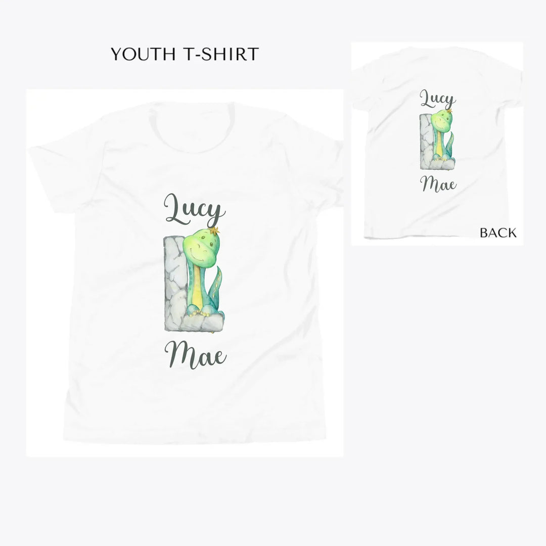 Watercolor-Dinosaur-Stone-Initial-custom-youth-t-shirt-artfulane