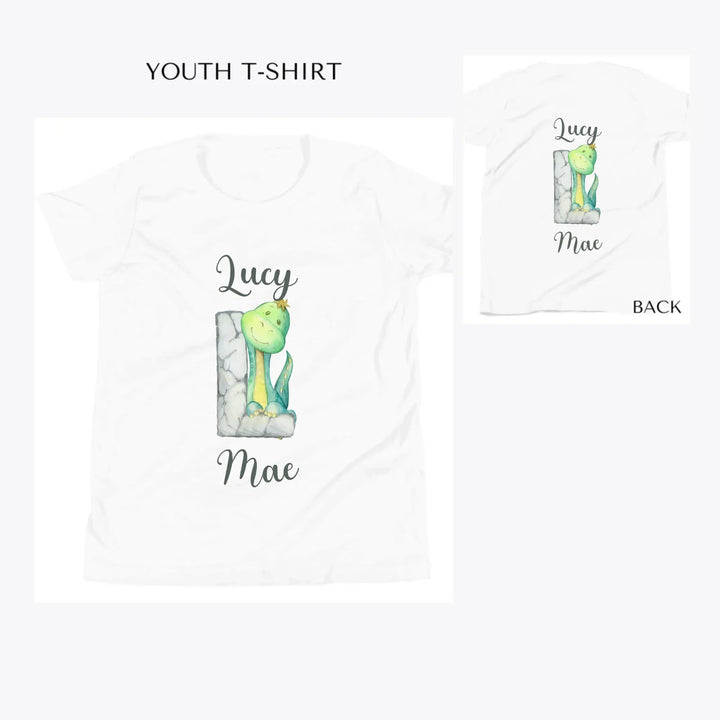 Watercolor-Dinosaur-Stone-Initial-custom-youth-t-shirt-artfulane