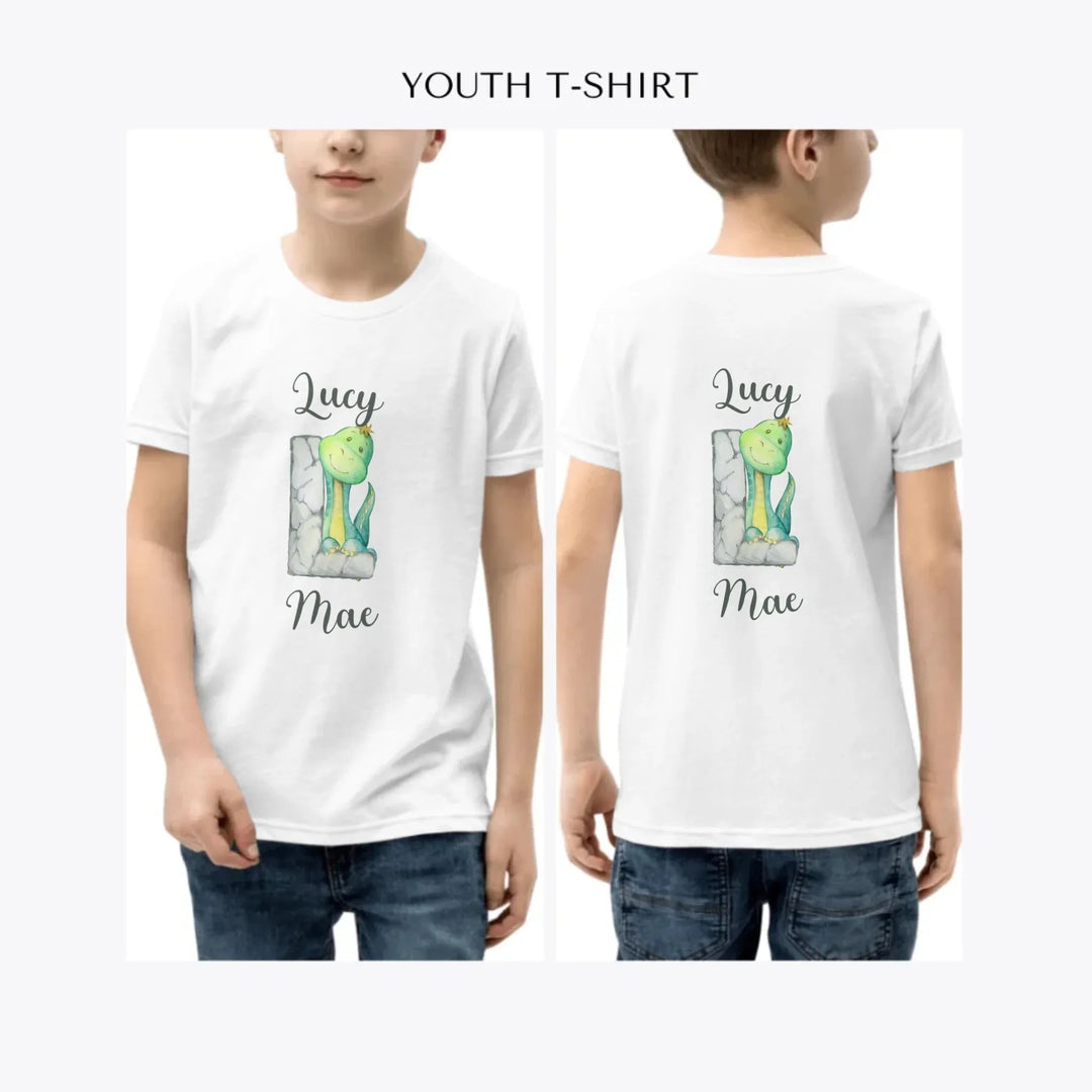Watercolor-Dinosaur-Stone-Initial-custom-youth-boy-t-shirt-artfulane