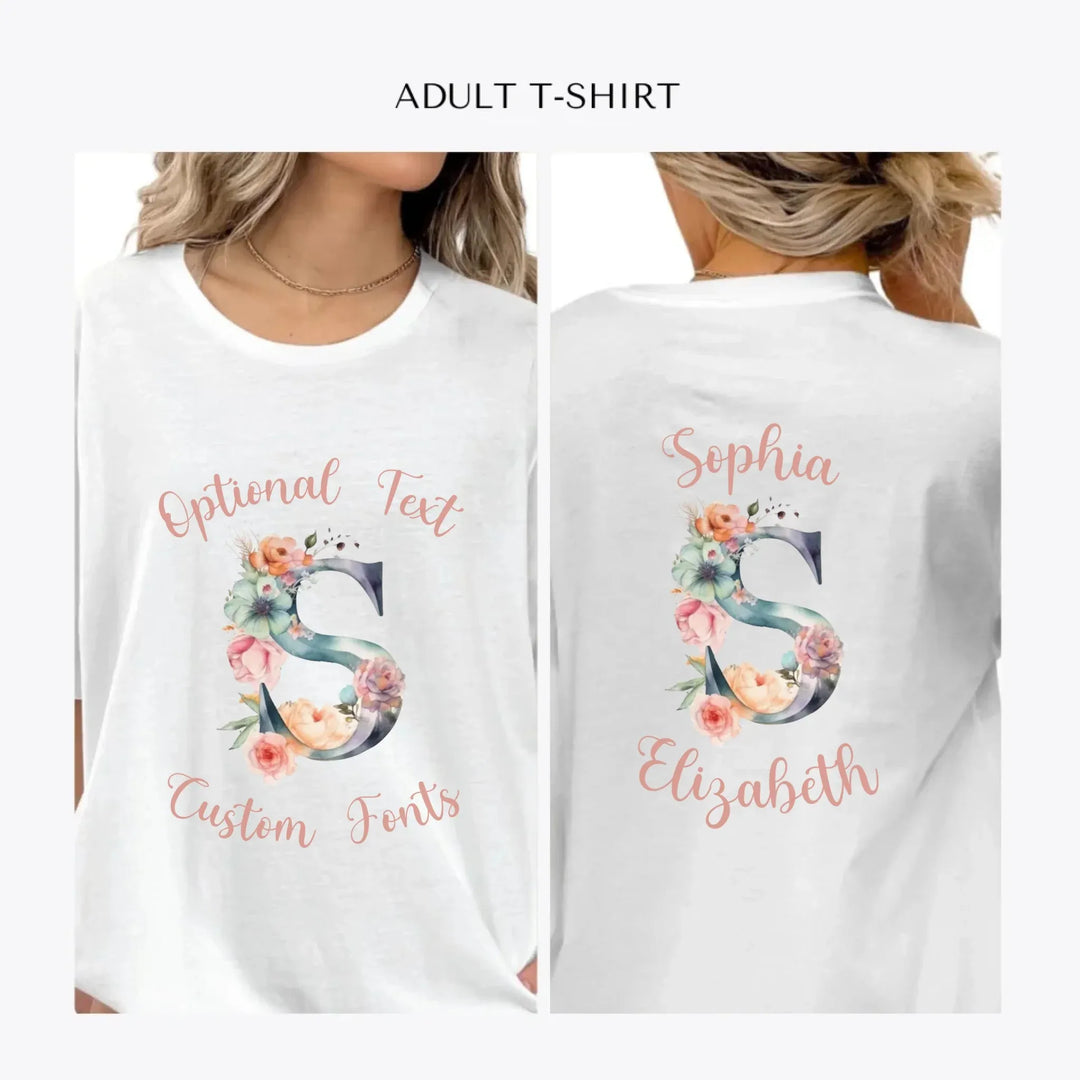 Watercolor-Floral-Letter-Initial-personalized-women-unisex-adult-t-shirt-artfulane