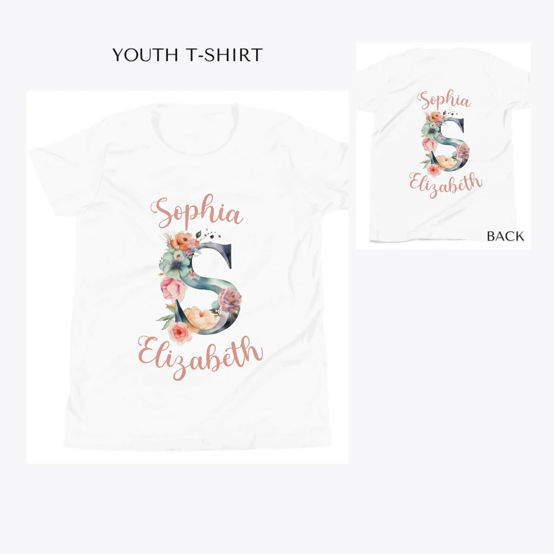 Watercolor-Floral-Letter-Initial-custom-youth-t-shirt-artfulane