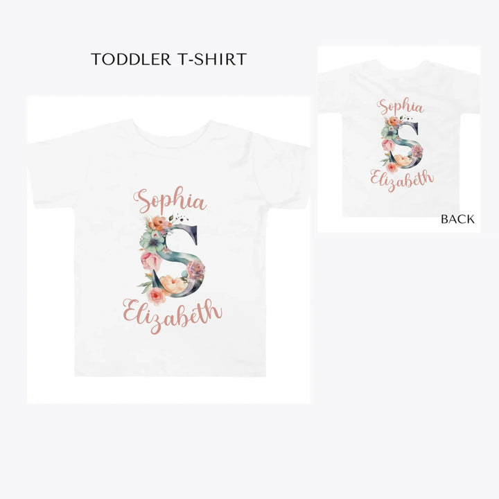 Watercolor-Floral-Letter-Initial-toddler-custom-t-shirt-artfulane