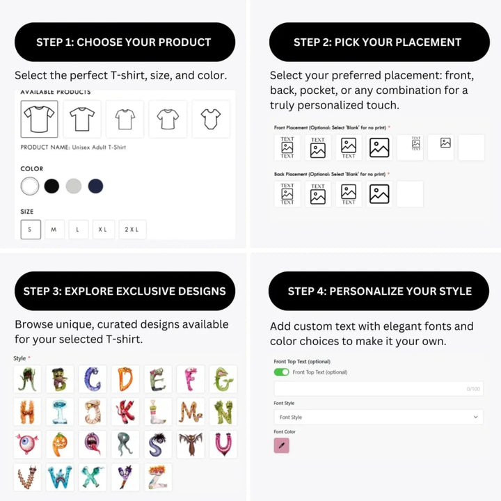 how-to-design-custom-Watercolor-Monster-Letter-Initial-t-shirt-personalization-options-artfulane