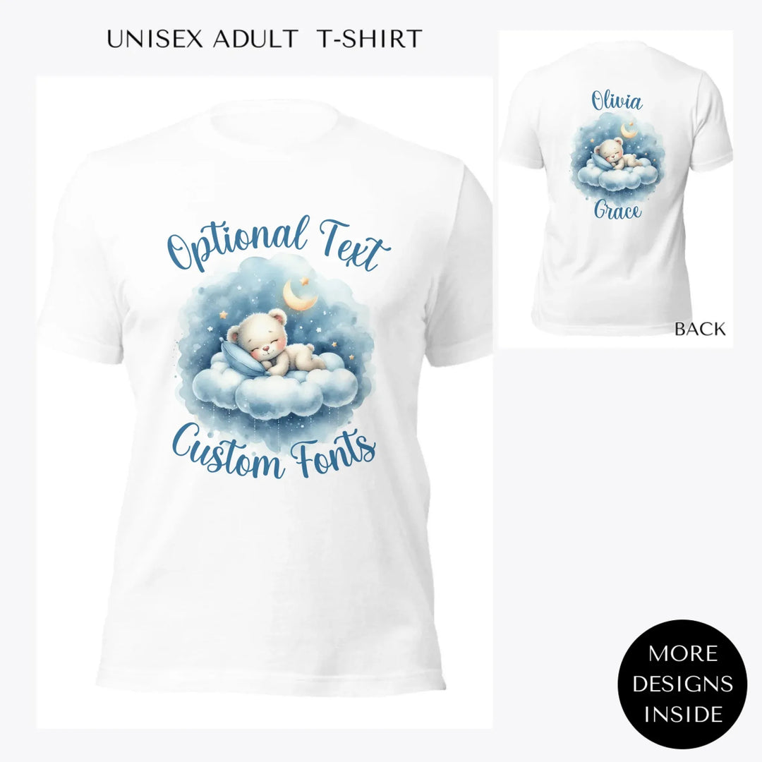 Watercolor-Teddy-Bear-Sleeping-on-Clouds-custom-women-unisex-adult-t-shirt-artfulane