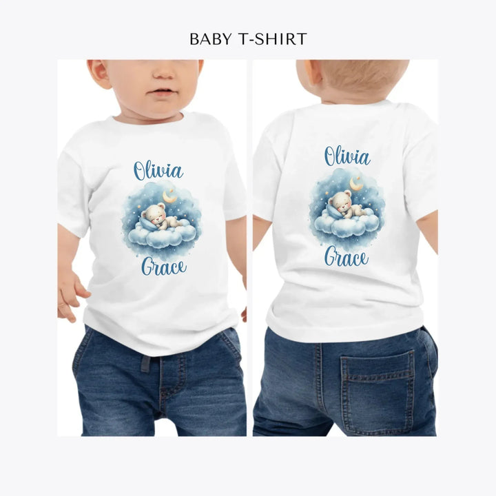 Watercolor-Teddy-Bear-Sleeping-on-Clouds-personalized-baby-t-shirt-artfulane