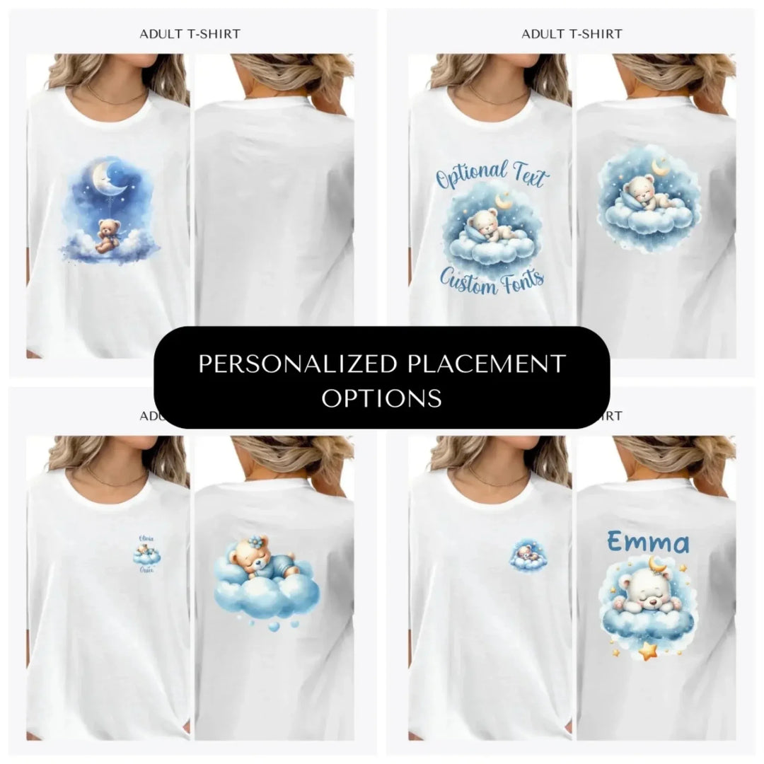 Watercolor-Teddy-Bear-Sleeping-on-Clouds-custom-adult-t-shirt-design-placement-front-back-pocket-artfulane