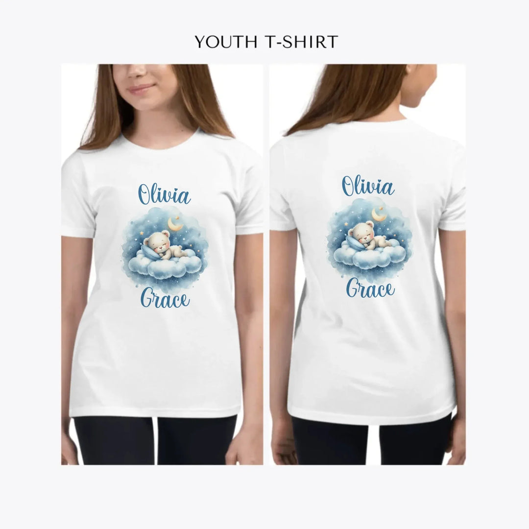 Watercolor-Teddy-Bear-Sleeping-on-Clouds-custom-youth-girl-t-shirt-artfulane