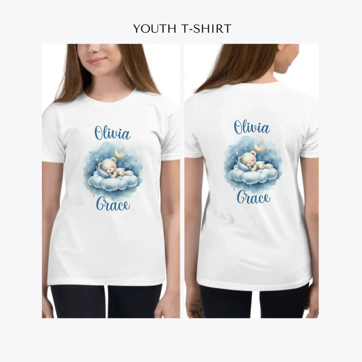 Watercolor-Teddy-Bear-Sleeping-on-Clouds-custom-youth-girl-t-shirt-artfulane