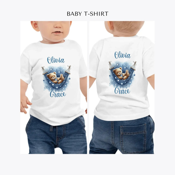 Watercolor-Teddy-Bear-Sleeping-on-Hammock-personalized-baby-t-shirt-artfulane