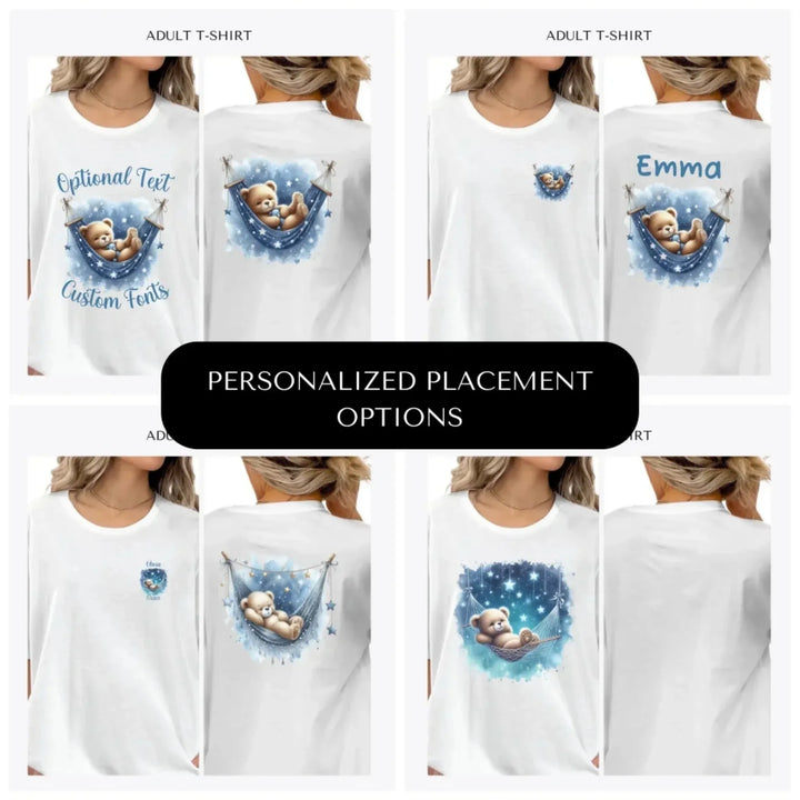 Watercolor-Teddy-Bear-Sleeping-on-Hammock-custom-adult-t-shirt-design-placement-front-back-pocket-artfulane