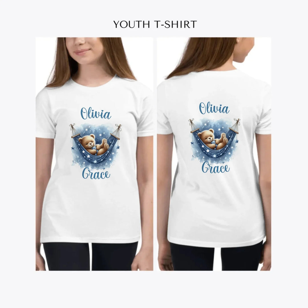 Watercolor-Teddy-Bear-Sleeping-on-Hammock-custom-youth-girl-t-shirt-artfulane