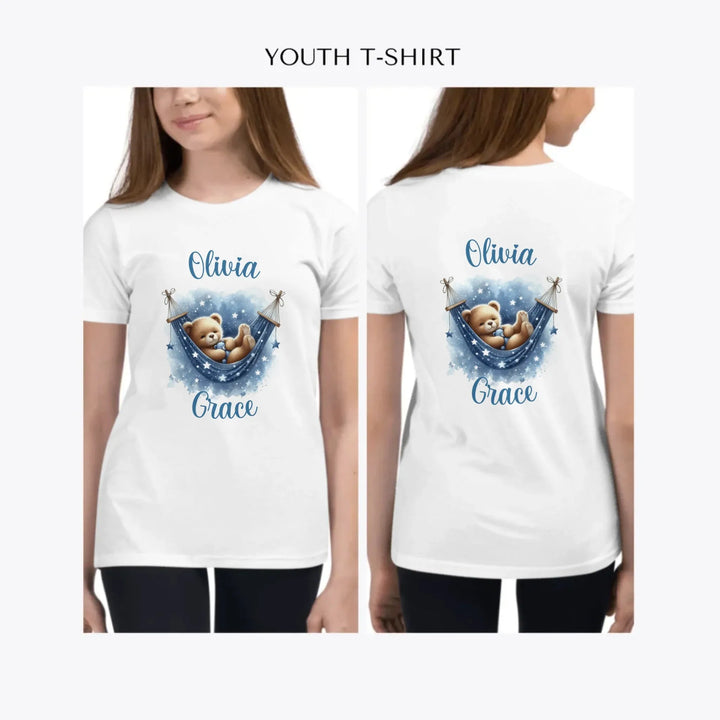 Watercolor-Teddy-Bear-Sleeping-on-Hammock-custom-youth-girl-t-shirt-artfulane
