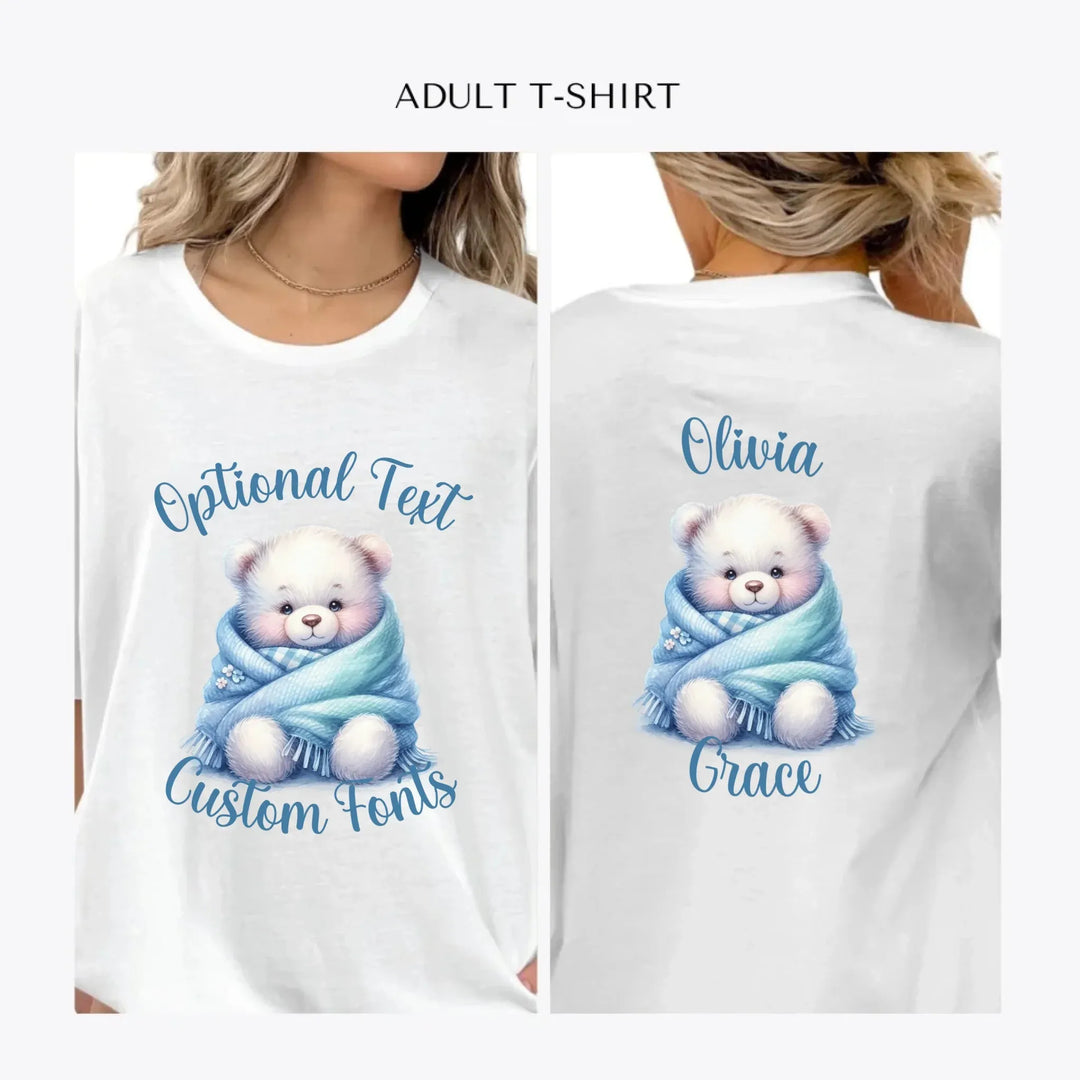 Watercolor-Teddy-Bear-in-Blue-Blanket-personalized-women-unisex-adult-t-shirt-artfulane