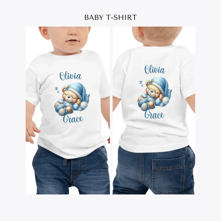 Watercolor-Teddy-Bears-in-Blue-Pajamas-personalized-baby-t-shirt-artfulane