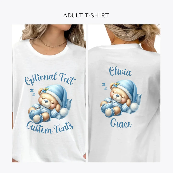 Watercolor-Teddy-Bears-in-Blue-Pajamas-personalized-women-unisex-adult-t-shirt-artfulane