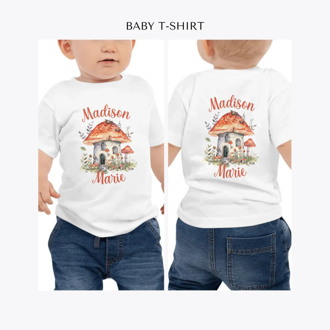 watercolor-woodland-mushroom-homes-personalized-baby-t-shirt-artfulane